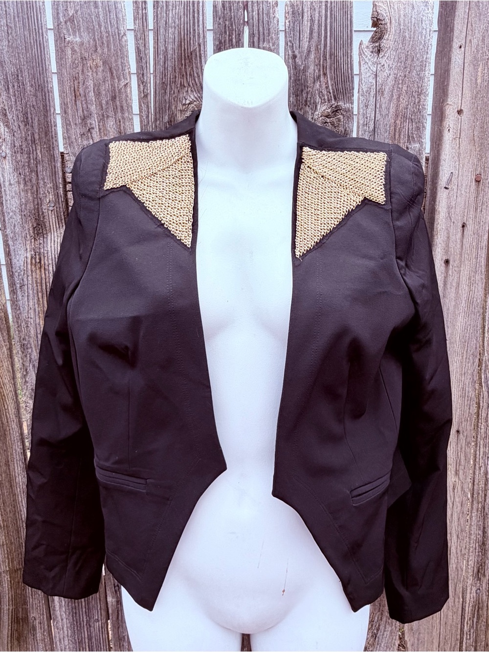 Black Open-Front Blazer with Gold Embellished Shoulders